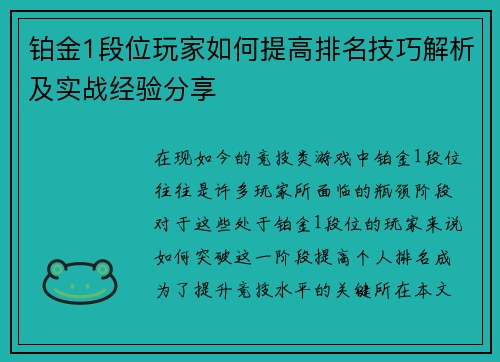 铂金1段位玩家如何提高排名技巧解析及实战经验分享