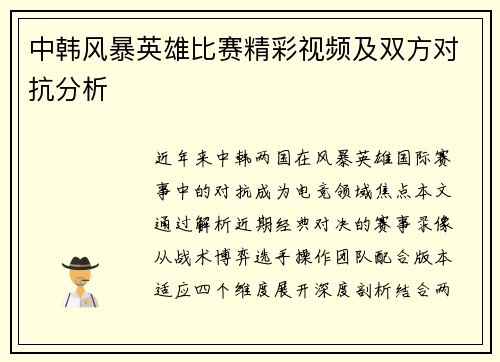 中韩风暴英雄比赛精彩视频及双方对抗分析