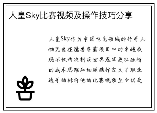 人皇Sky比赛视频及操作技巧分享