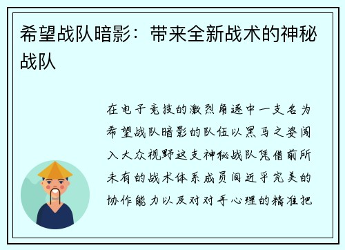 希望战队暗影：带来全新战术的神秘战队