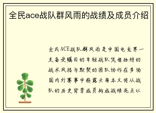 全民ace战队群风雨的战绩及成员介绍
